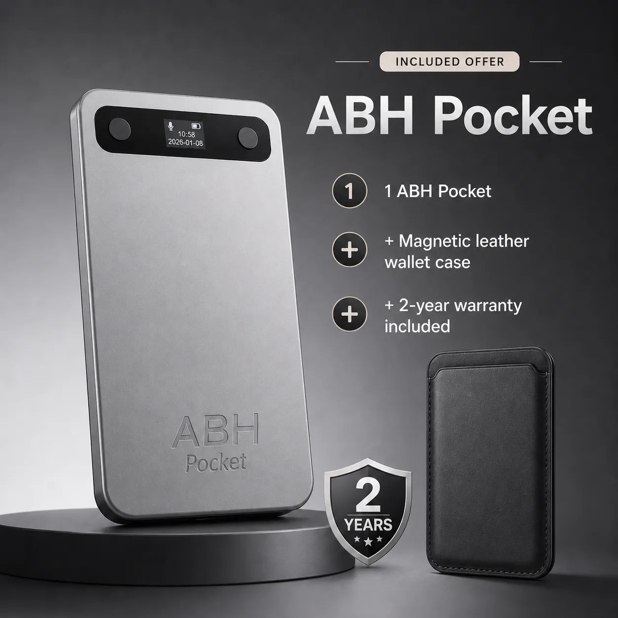 ABH Pocket product render: silver card with a black top bar and a small screen.