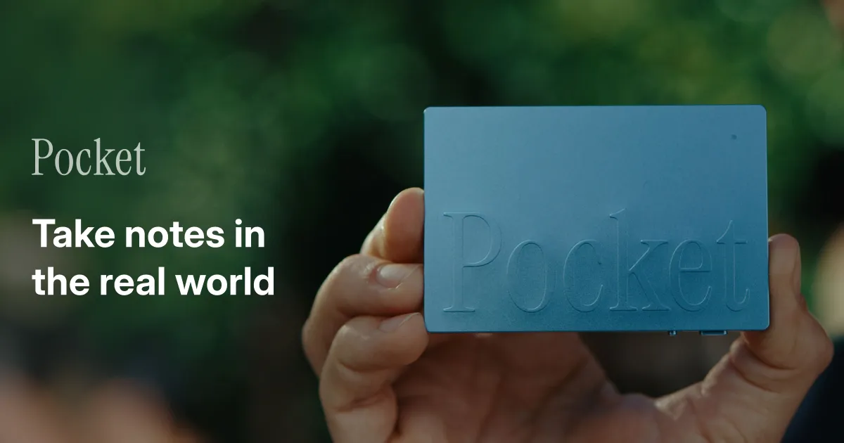 HeyPocket Pocket: a screenless slab in a hand, large embossed Pocket word on the face.
