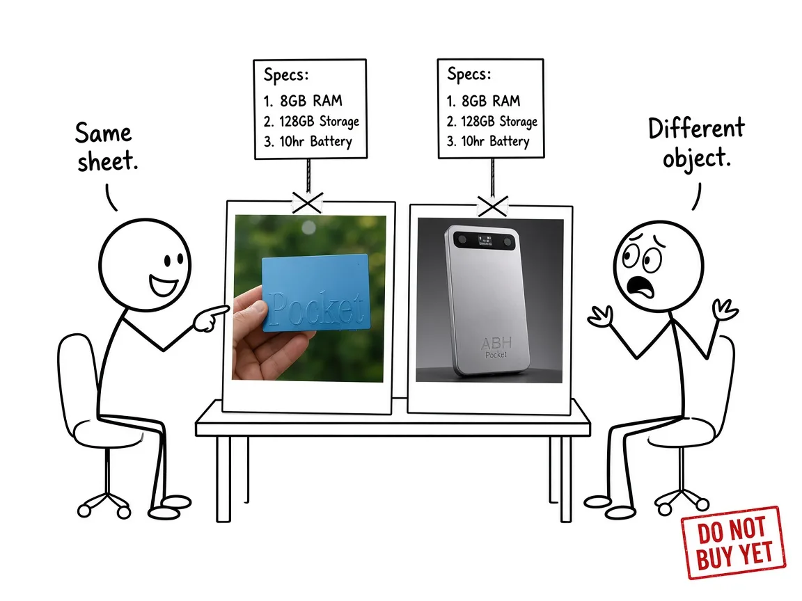 Same spec sheet, two different objects: a screenless Pocket slab versus an ABH render with a tiny display.