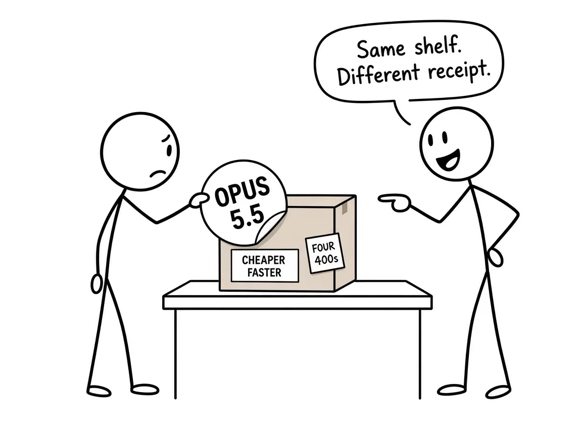 Black-and-white stick comic: a buyer peels an OPUS 5.5 sticker off a box, revealing CHEAPER FASTER and a FOUR 400s note; clerk says Same shelf. Different receipt.