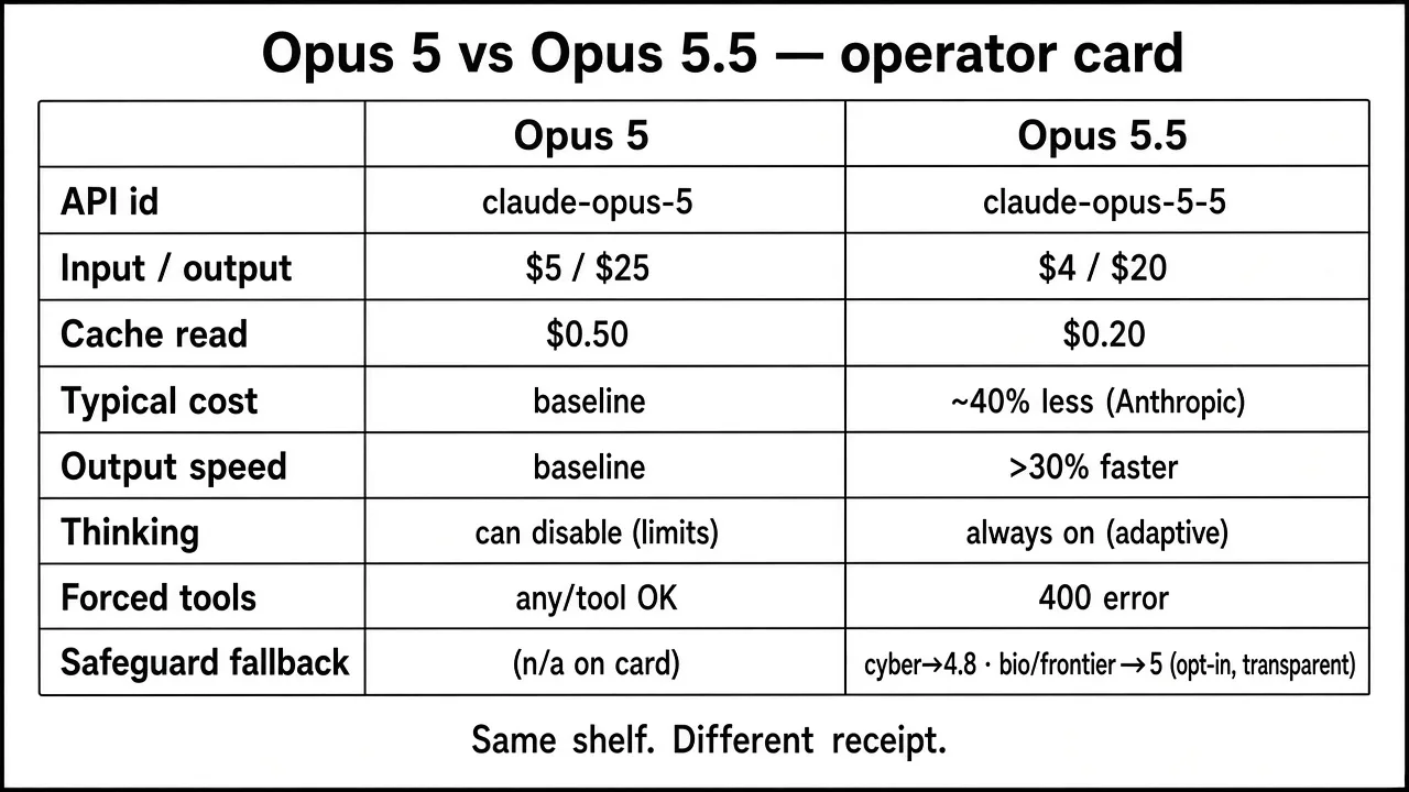 Operator card comparing Claude Opus 5 and Opus 5.5 on price, cache reads, speed, thinking defaults, and safeguard fallbacks