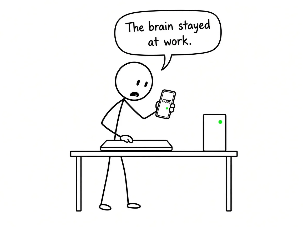 Black-and-white stick comic: figure closes a laptop while a server keeps working and a phone shows CODE with a green dot; punchline The brain stayed at work.